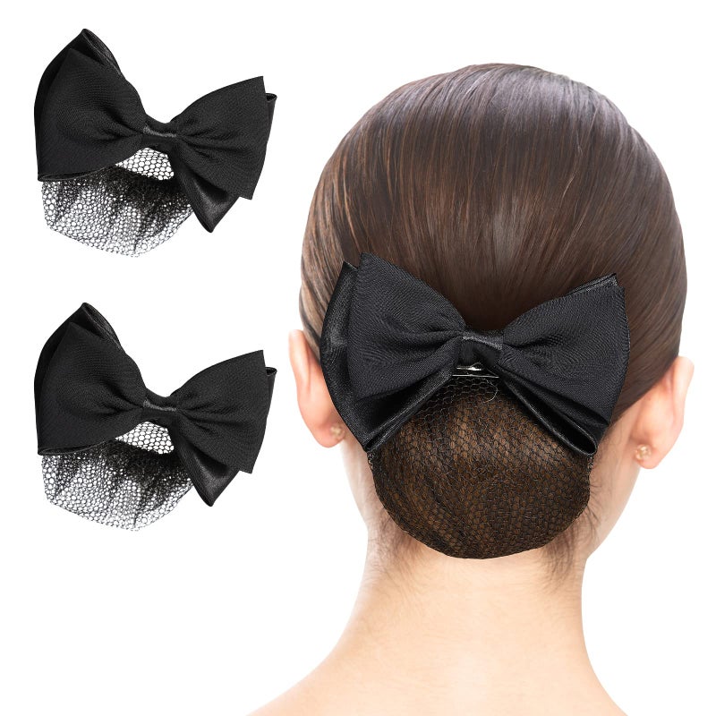 Beaupretty 2 Pieces Hair Snood Net Barrette Mesh Clip Elastic Butterfly Bun Bow Headdress for Lady Women Dance Office (Black) - Image 1